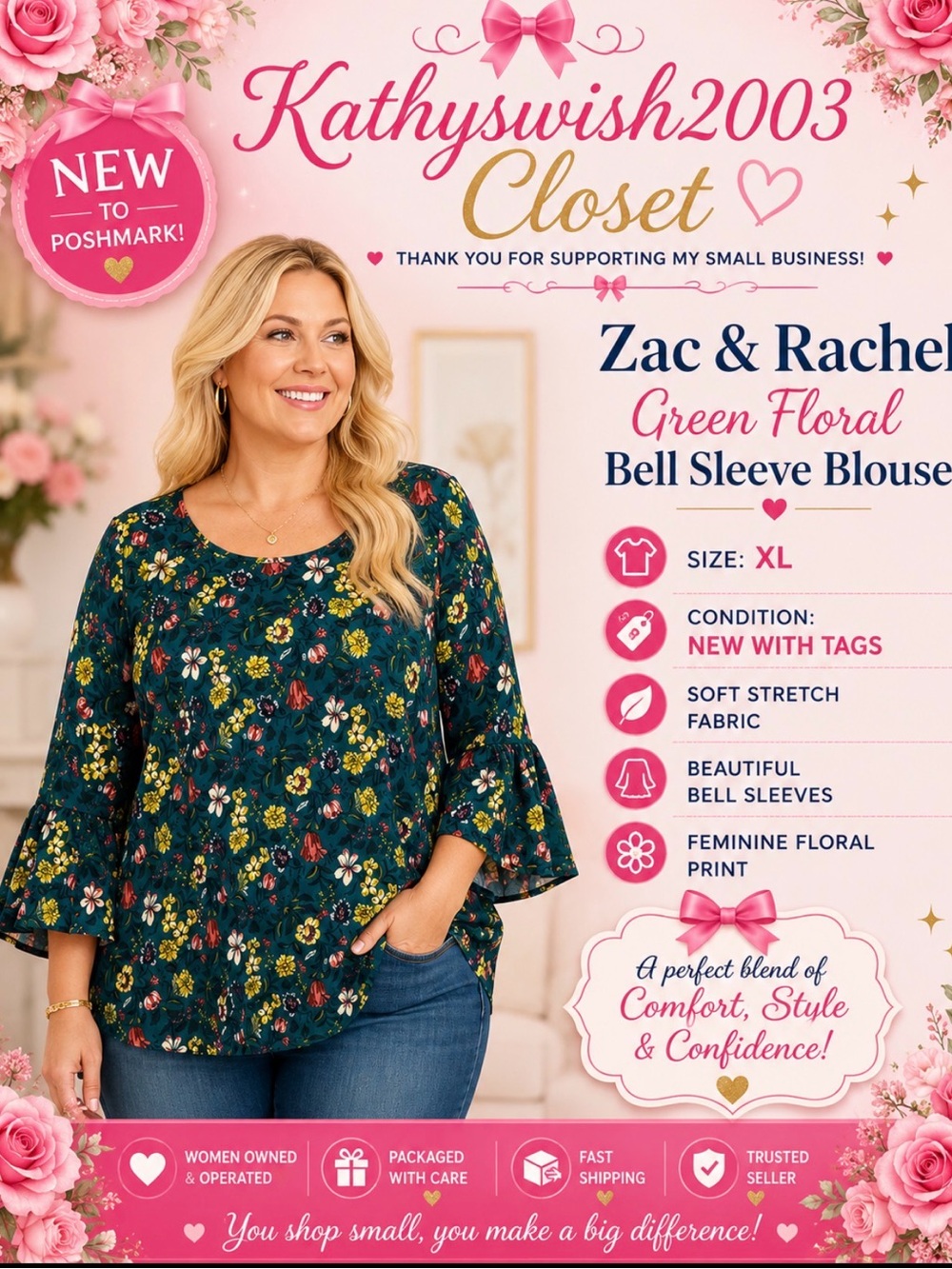 Zac and Rachel Green Floral Blouse with Bell Sleeves